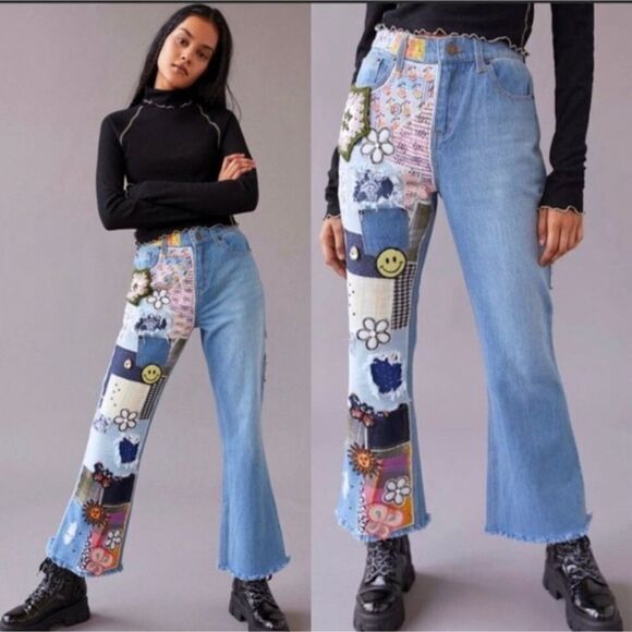 BDG Urban Outfitters High-Waisted Flare Patchwork Craft Jeans Indigo 26 - Picture 1 of 12